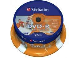 Pack de 25 DVD-R 4.7GB Verbatim 16x d’encre blanc imprimable Cakebox 43538