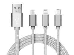 Reekin 3 in 1 Ladekabel (USB Micro, USB Type-C & Lightning) - 1,2 Meter (Silber-Nylon)