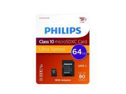 Philips MicroSDXC 64Go CL10 80mb/s UHS-I +Adaptateur au détail