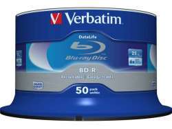 Verbatim-BD-R-25GB-1-6x-Cakebox-50-Disc-DataLife-White-Blue-Su